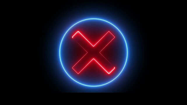 Neon Cross sign icon animation glowing red and blue color no reject error wrong cancel incorrect negative warning alert icon sign symbol on black background	