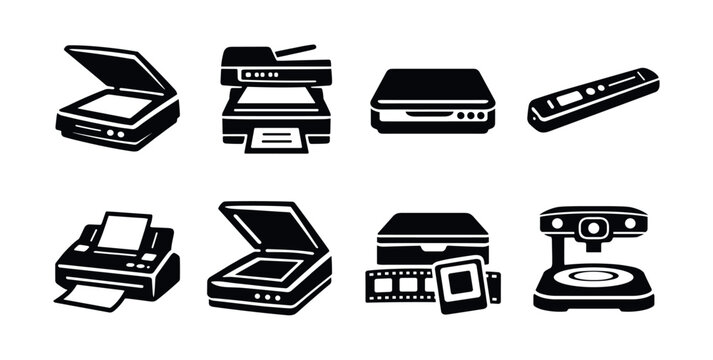 Collection of flat design icons for scanning and printing office equipment