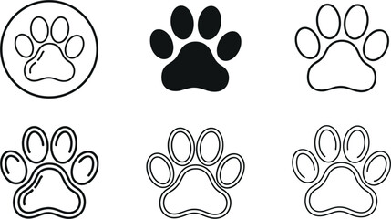 Fototapeta premium Animal paw print icon set featuring dog or cat footprint tracks in solid black glyph silhouette and thin line outline styles for pet care graphics