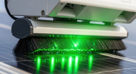 Fototapeta premium Close-up view of solar panel manufacturing with green laser light illuminating circuits