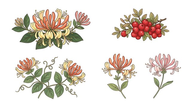Honeysuckle vector floral botanical elements with red berries