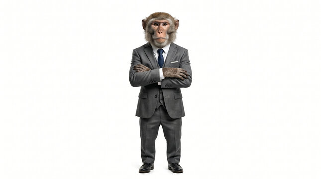 Serious Monkey Businessman in Elegant Grey Three Piece Suit Standing with Crossed Arms