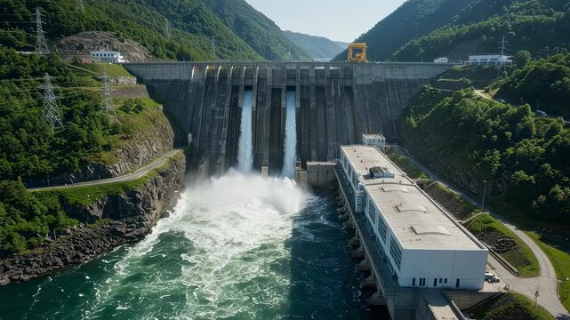 Hydroelectric dam releasing water from spillways into mountain river. Powerful industrial facility generating renewable electricity in deep green mountain valley.