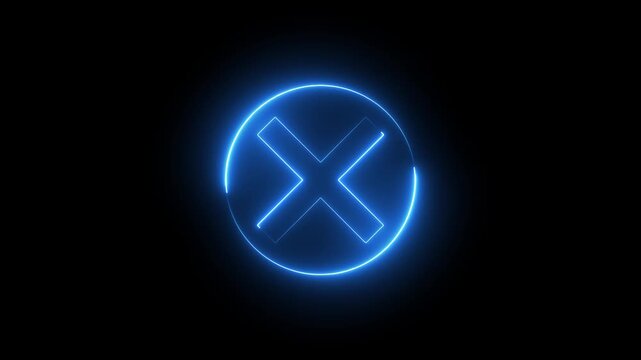 Neon Cross sign icon animation glowing blue color no reject error wrong cancel incorrect negative warning alert icon sign symbol on black background	