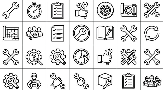 Auto repair and mechanical maintenance line icon set featuring wrenches gears blueprints technical support and workshop service tools vectors