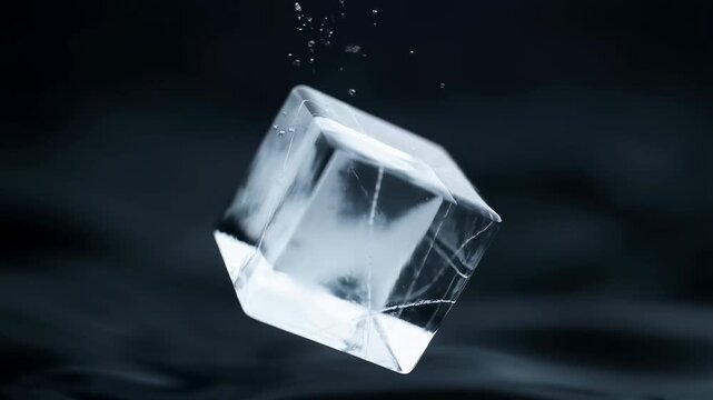 Ice cube floating in water with bubbles rising. Represents refreshment, cooling beverages, and the essence of relaxation