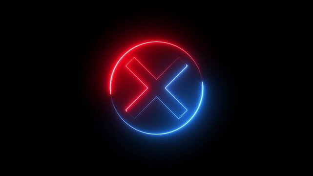 Neon Cross sign icon animation glowing red and blue color no reject error wrong cancel incorrect negative warning alert icon sign symbol on black background	
