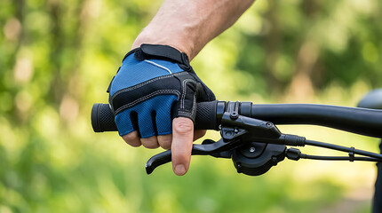 Fototapeta premium Close-up of a Cyclist's Hand in a Blue Protective Glove Holding Bicycle Handlebars