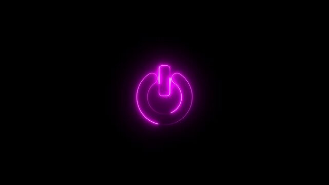 Neon Power button icon animation glowing pink color shutdown switch screen turn on off button computer mobile phone startup stop sign closed icon on black background