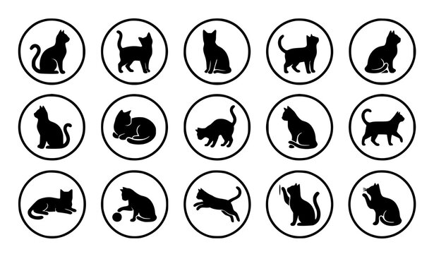 Set of 14 black cat silhouette icons in circular badge frames minimal vector collection on white background