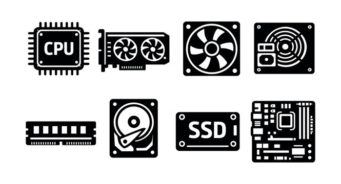 Collection of computer hardware icons including CPU, GPU, RAM, SSD, and motherboard
