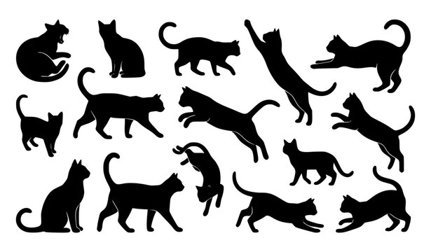 Dynamic set of 14 black cat silhouettes in varied poses floating composition vector illustration on white background