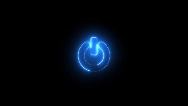 Neon Power button icon animation glowing blue color shutdown switch screen turn on off button computer mobile phone startup stop sign closed icon on black background
