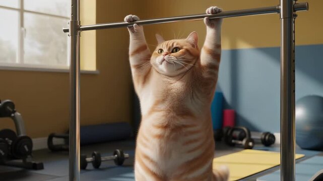 Chubby Ginger Cat Playful and Determined Pull Up on Metal Bar in Brightly Lit Home Gym, Confidently Doing Pull Ups