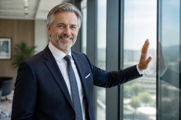 Fototapeta premium Middle aged businessman smiling with hand on office window