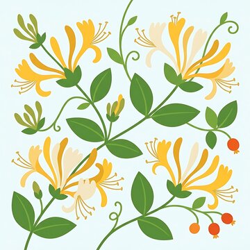 Yellow blooming honeysuckle vector with green leaves and berries