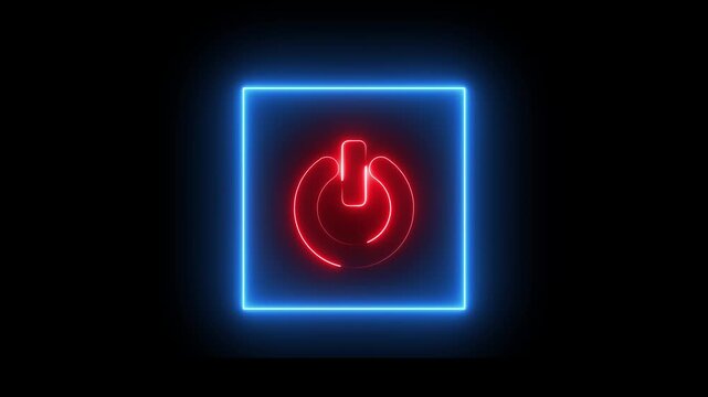 Neon Power button icon animation glowing red and blue color shutdown switch screen turn on off button computer mobile phone startup stop sign closed icon on black background
