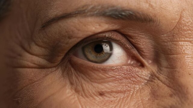 Close up eye detailed skin natural wrinkle thoughtful texture human face macro expression, aged mature person, brown iris eyelid