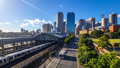 Fototapeta premium Modern Urban Skyline Rising Above Train Station and Tree Lined Street in Bright Daylight