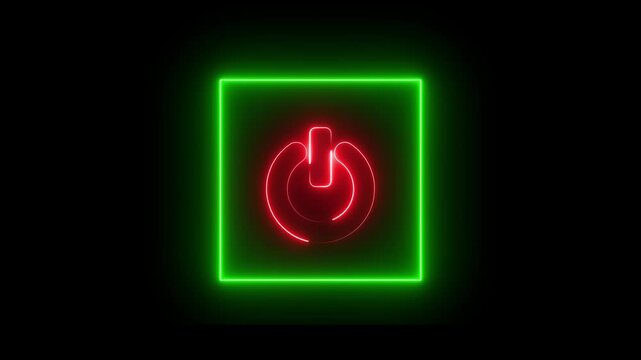 Neon Power button icon animation glowing red and green color shutdown switch screen turn on off button computer mobile phone startup stop sign closed icon on black background