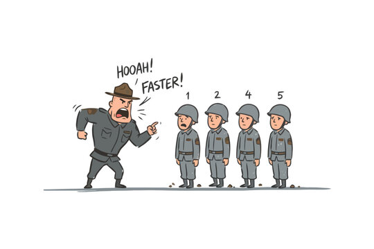 Drill sergeant yelling at army recruits in military boot camp