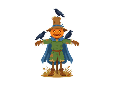Halloween scarecrow with pumpkin head and crows isolated on white