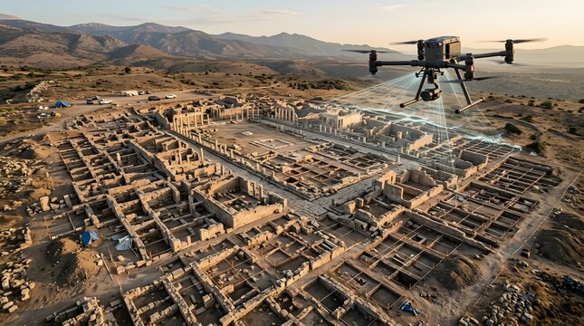 Industrial Drone Mapping Ancient Ruins Archaeological Site Concept