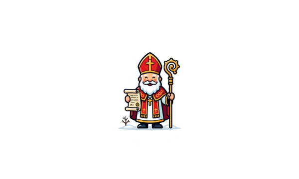 Saint Nicholas Cartoon Character Holding Scroll and Bishop Staff
