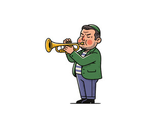 Trumpet player cartoon man in green jacket isolated on white © babu