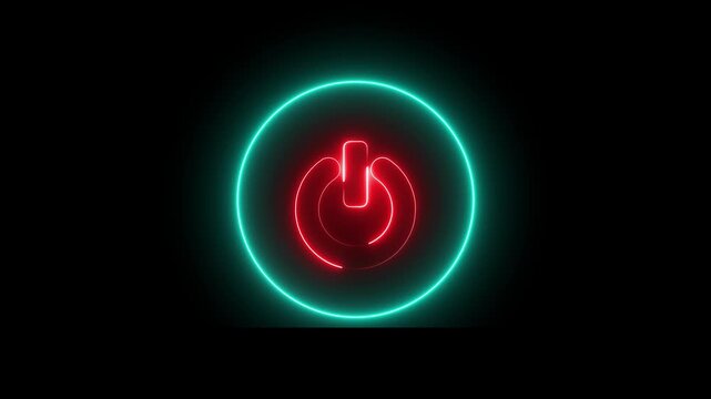 Neon Power button icon animation glowing red and cyan color shutdown switch screen turn on off button computer mobile phone startup stop sign closed icon on black background