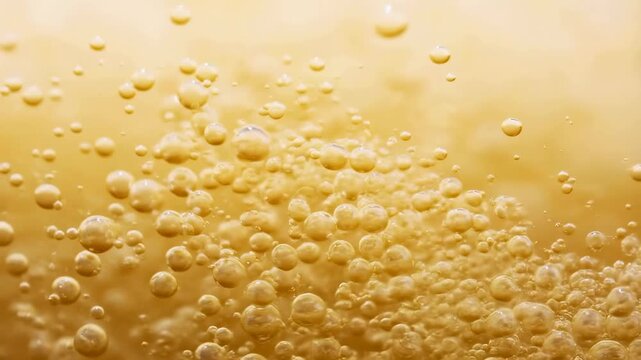 Close-up of bubbles rising in a golden liquid. Represents the effervescence and refreshing qualities of beverages like beer or sparkling drinks