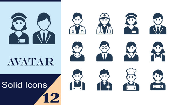Set of twelve solid avatar icons people in different professions and uniforms on white and blue background