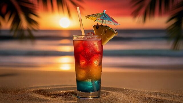 Colorful tropical cocktail with blue, orange, red layered presentation, pineapple garnish, umbrella, beach sunset, refreshing