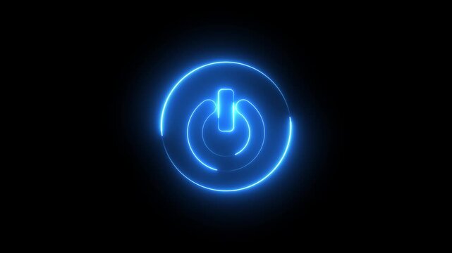 Neon Power button icon animation glowing blue color shutdown switch screen turn on off button computer mobile phone startup stop sign closed icon on black background