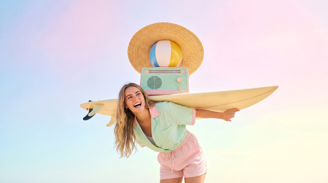 Playful summer portrait of a joyful woman wearing pastel mint and pink, balancing a stack of a vintage radio, beach ball, and straw hat on surfboard wings against a soft gradient sky