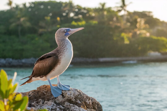Blue-footed booby seabird perched on a coastal rock at sunset with tropical shoreline and calm ocean waters in the background, showcasing natural wildlife habitat and marine ecosystem beauty.