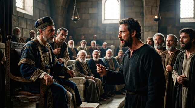 Apostle Paul standing in front of the high priest Ananias at the Sanhedrin council. Biblical scene from Acts 23. Ancient historical meeting of religious leaders and prophet in court.