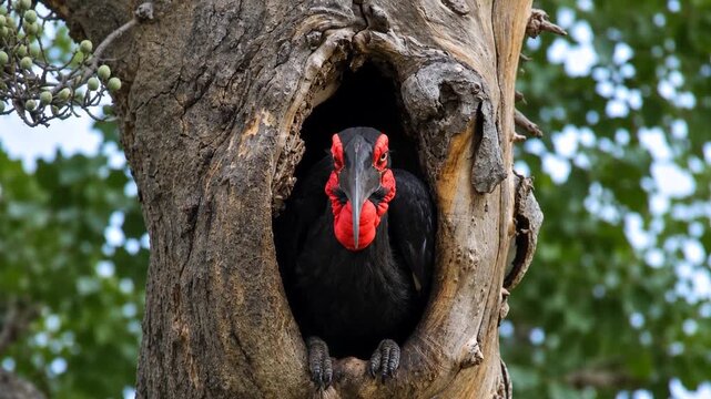 Southern Ground Hornbill peering from tree hollow nest