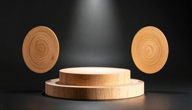 Two wooden discs flank a two-tiered podium, spotlighted on black