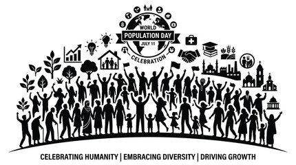 Fototapeta premium The humanity celebration banner highlights global diversity and cultural growth through silhouettes and various life icons.
