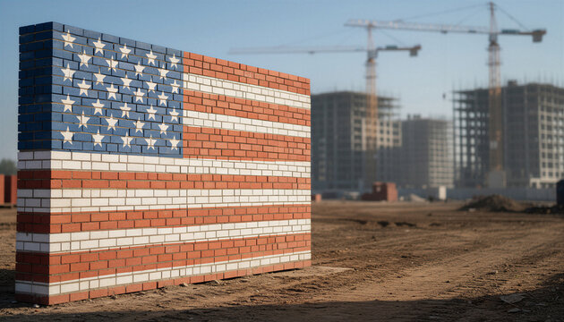 Patriotic construction industry banner featuring a massive American flag built from precision masonry bricks at an active construction site. Independence Day theme with expansive copy space for market
