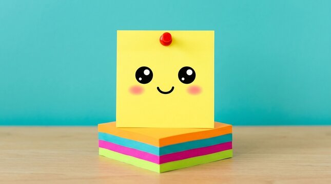 Happy yellow sticky note with a kawaii face on a wooden desk