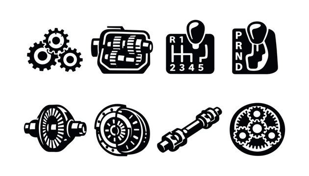 Collection of automotive transmission and drivetrain component icons in black and white