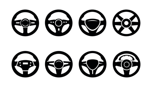 Collection of diverse car steering wheel icons in black and white silhouette