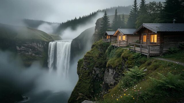 Cozy wooden cabin with glowing windows lush cliff overlooking majestic waterfall, misty serene landscape, tranquil forest