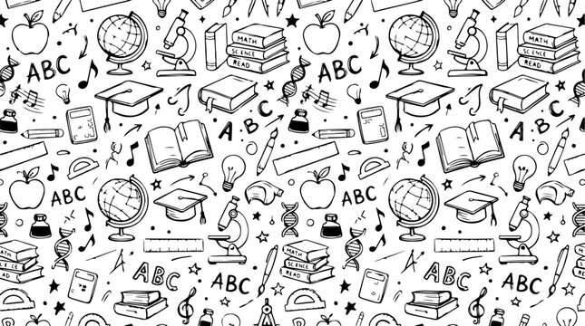Seamless school pattern with hand drawn education doodles