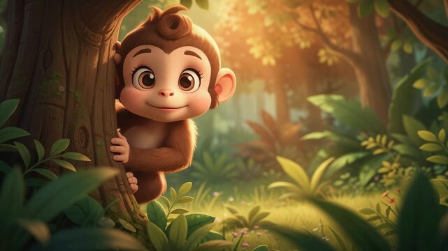 Curious baby monkey peeks behind tree vibrant sunlit forest, lush greenery, playful and adorable moments with baby monkey