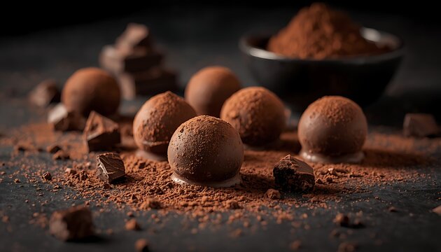 A close-up view of handcrafted chocolate truffles surrounded by cocoa powder and chocolate shavings on a dark surface