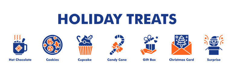 Obraz premium HOLIDAY TREATS web banner icon vector illustration concept with icon of Hot Chocolate, Cookies, Cupcake, Candy Cane, Gift Box, Christmas Card, Surprise