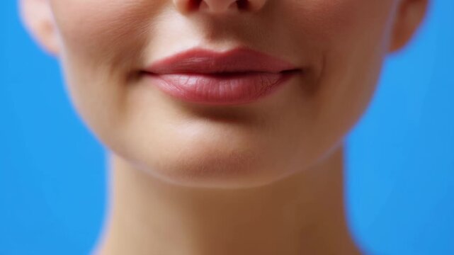 Close-up of a woman's lips smiling against a vibrant blue background. Represents beauty, confidence, and self-expression in personal care and cosmetics